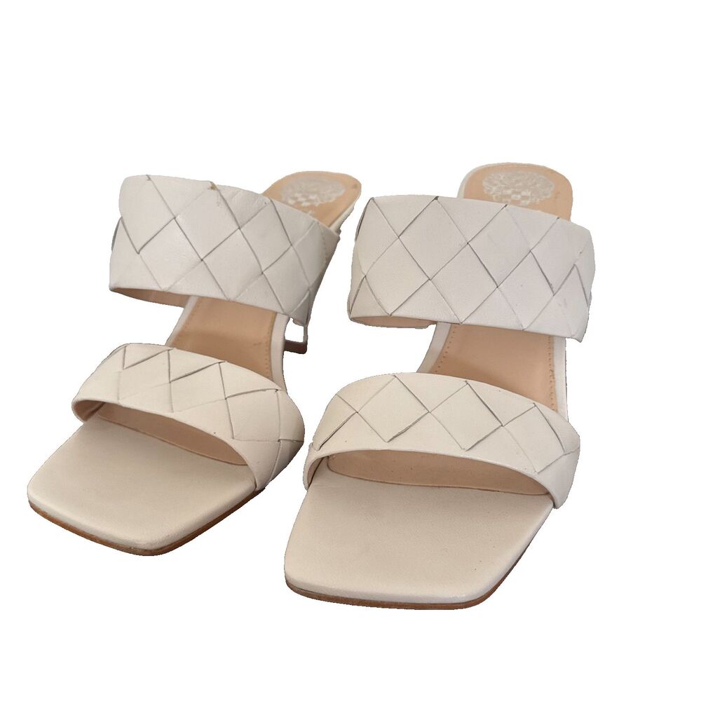 Vince Camuto Woven Mule Heels Ivory Square Toe Slide Sandals Size 11
